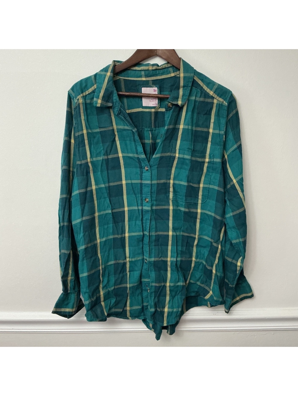 SO Women’s Plaid Button Down Shirt XL Teal Green Long Sleeve Casual Fall - Picture 1 of 3